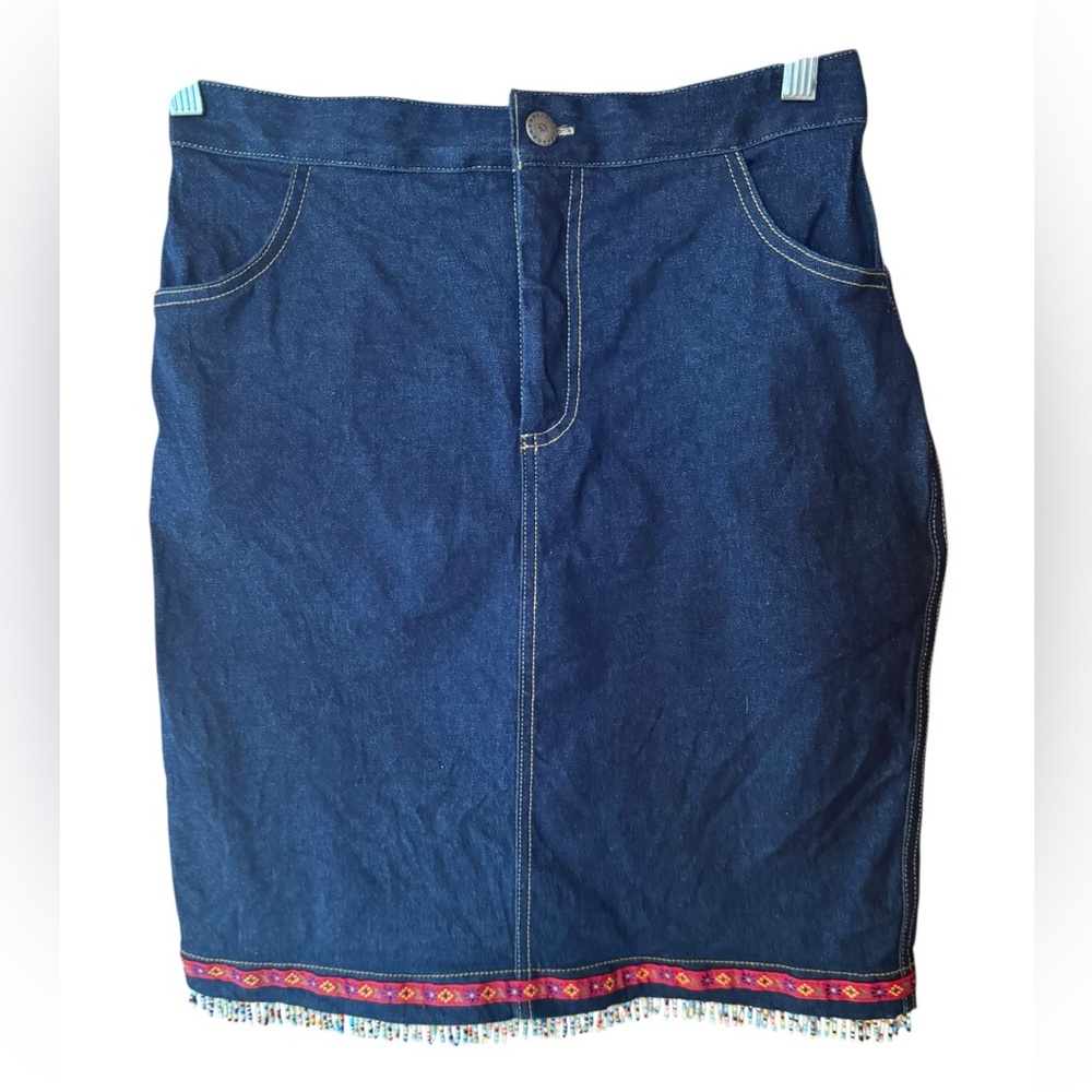 Harlow Dark Wash Mini Denim Skirt w/Decorative Rick Rack Hem Trim & Hanging Bead